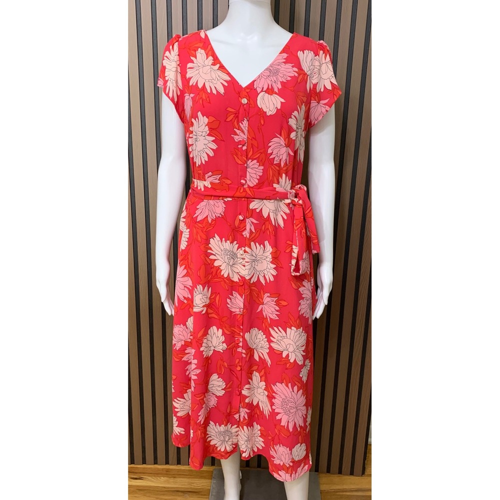 Talbots Red Pink Floral Button Front Midi Dress Short Sleeve Tie Waist Size 8
